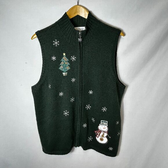 VTG C.J. Banks Women's Dark Green Embellished Christmas Full Zip Sweater Vest 1X - Picture 3 of 14
